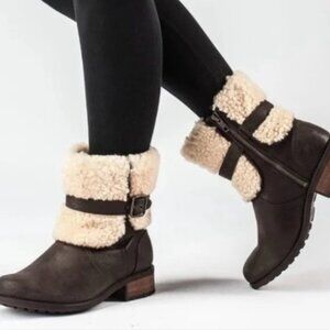 UGG ~BLAYRE II SUEDE BOOT~LEATHER SHEARLING LINED SIDE ZIP in ESPRESSO Sz 8